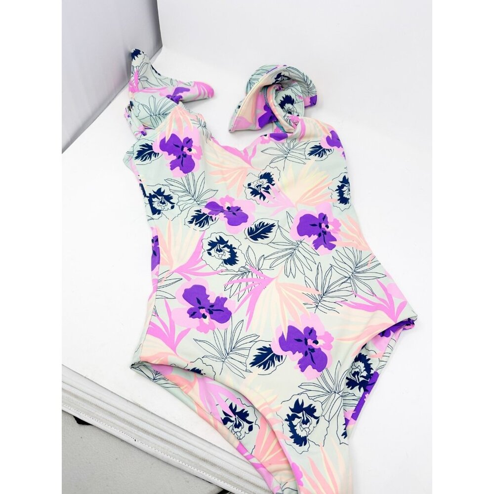 Luccas Beach And‎ Fun One Piece Swimsuit Floral Tie Shoulder Scoop Back Medium
